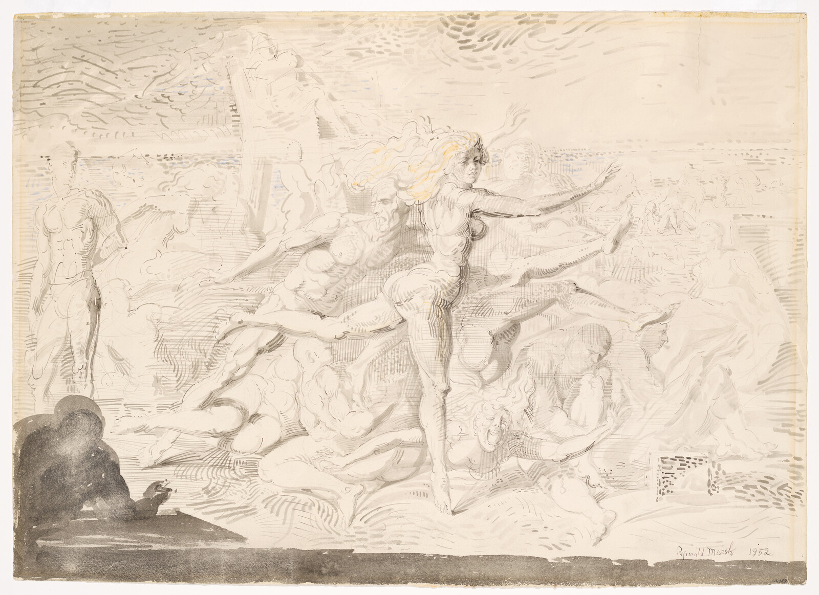 A group of nude figures leap and reach across the page around a central woman.