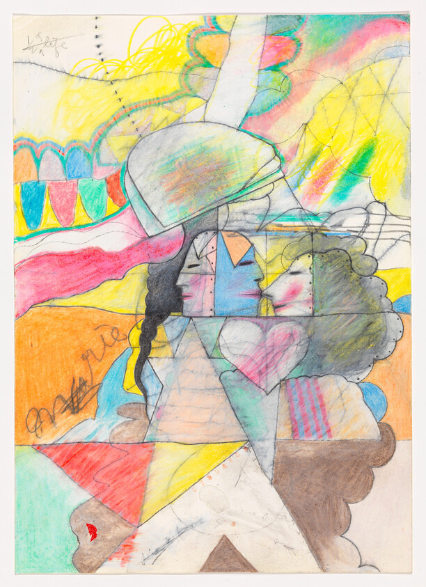 Two abstract, colorful faces appear close together, surrounded by geometric shapes and a large pink heart.