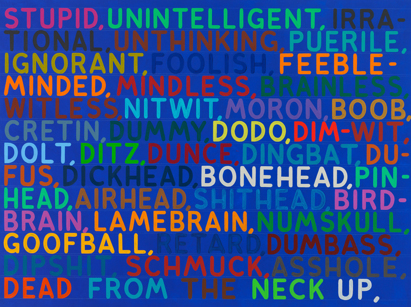 Multiple synonyms of the word "stupid", including airhead and unitelligent, are scattered and varied in color aganist a dark blue background