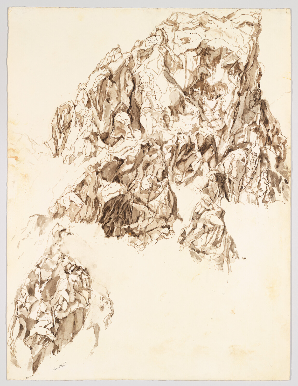 Detailed sepia ink drawing of jagged mountain cliffs with deep crevices and rocky textures.