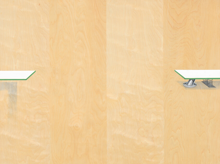 Two diving springboards extend from opposite sides above a light wooden surface.