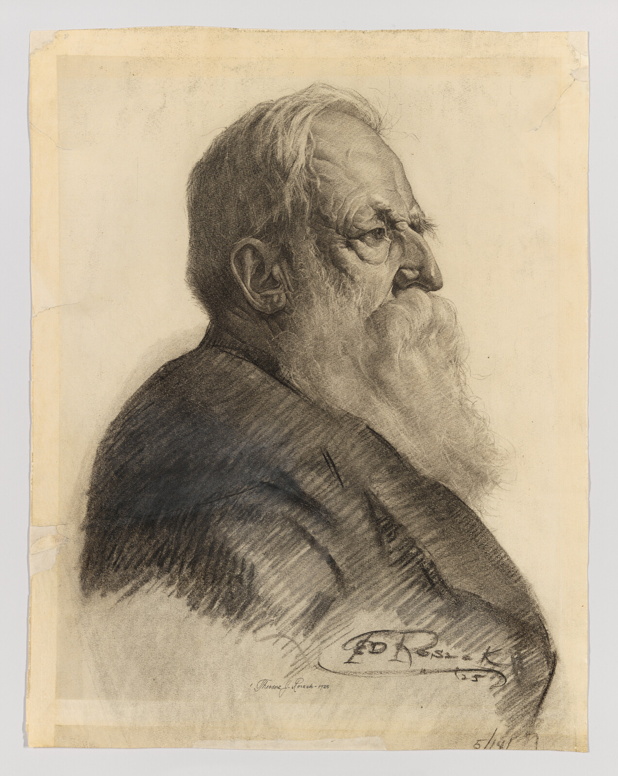 Elderly man with long white beard drawn in charcoal, shown in right-facing profile.
