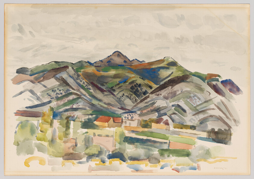 A watercolor landscape showing rolling hills above a small village with scattered houses.