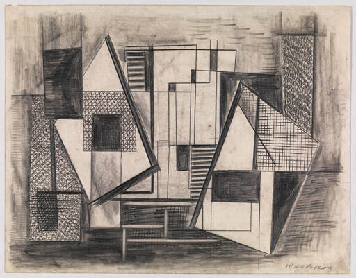 Abstract charcoal drawing of overlapping geometric shapes, rectangles and triangles with textured patterns.