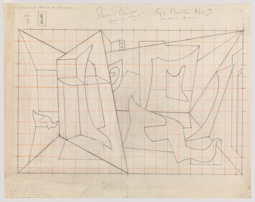 Abstract geometric sketch of overlapping cubist shapes drawn on paper with a red grid.