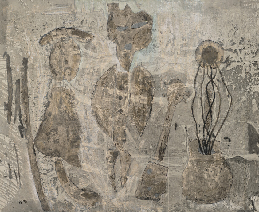 Three abstract, muted-toned figures stand beside a vase with tall, twisting stems.