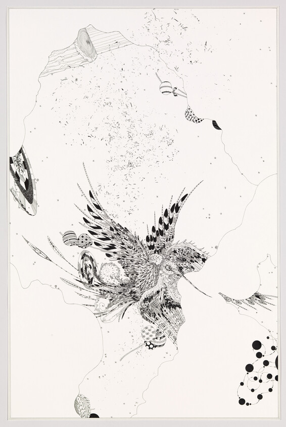 A detailed black-and-white drawing of a bird with elaborately patterned wings in flight among abstract shapes.