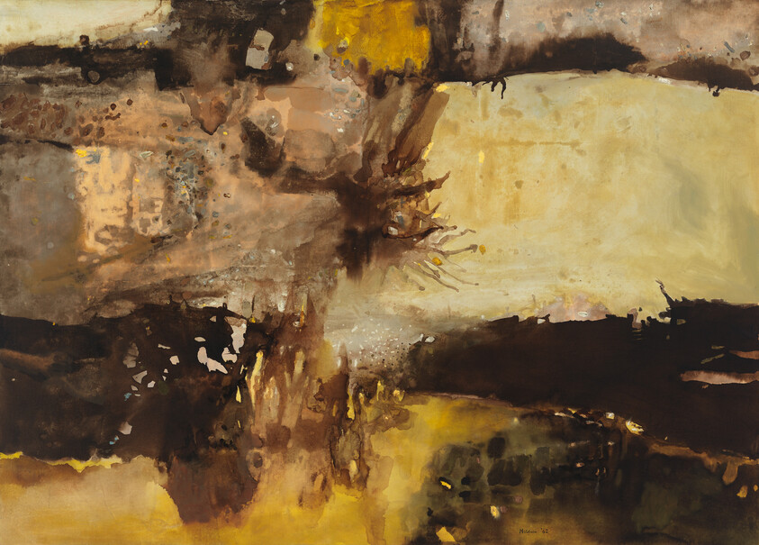 Brown and yellow abstract painting with a central tree-like form and layered textured shapes.