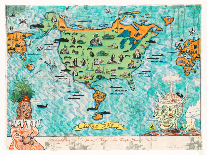 Whimsical illustrated world map titled "Road Map" showing North America with military icons, ships, and caricatures.