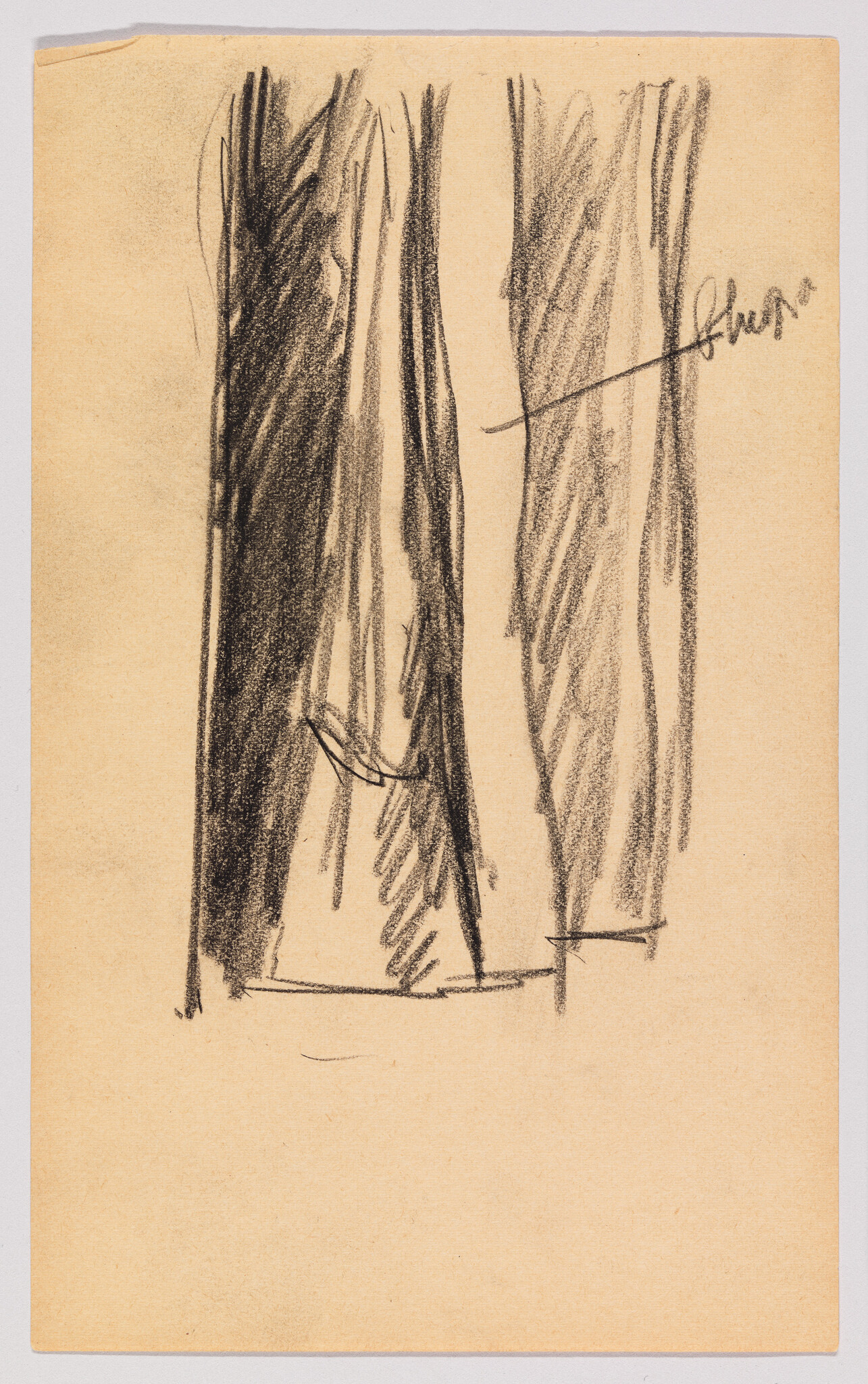 A sketch on tan paper featuring abstract vertical lines in black charcoal, possibly representing trees or figures, with a signature in the lower right corner.