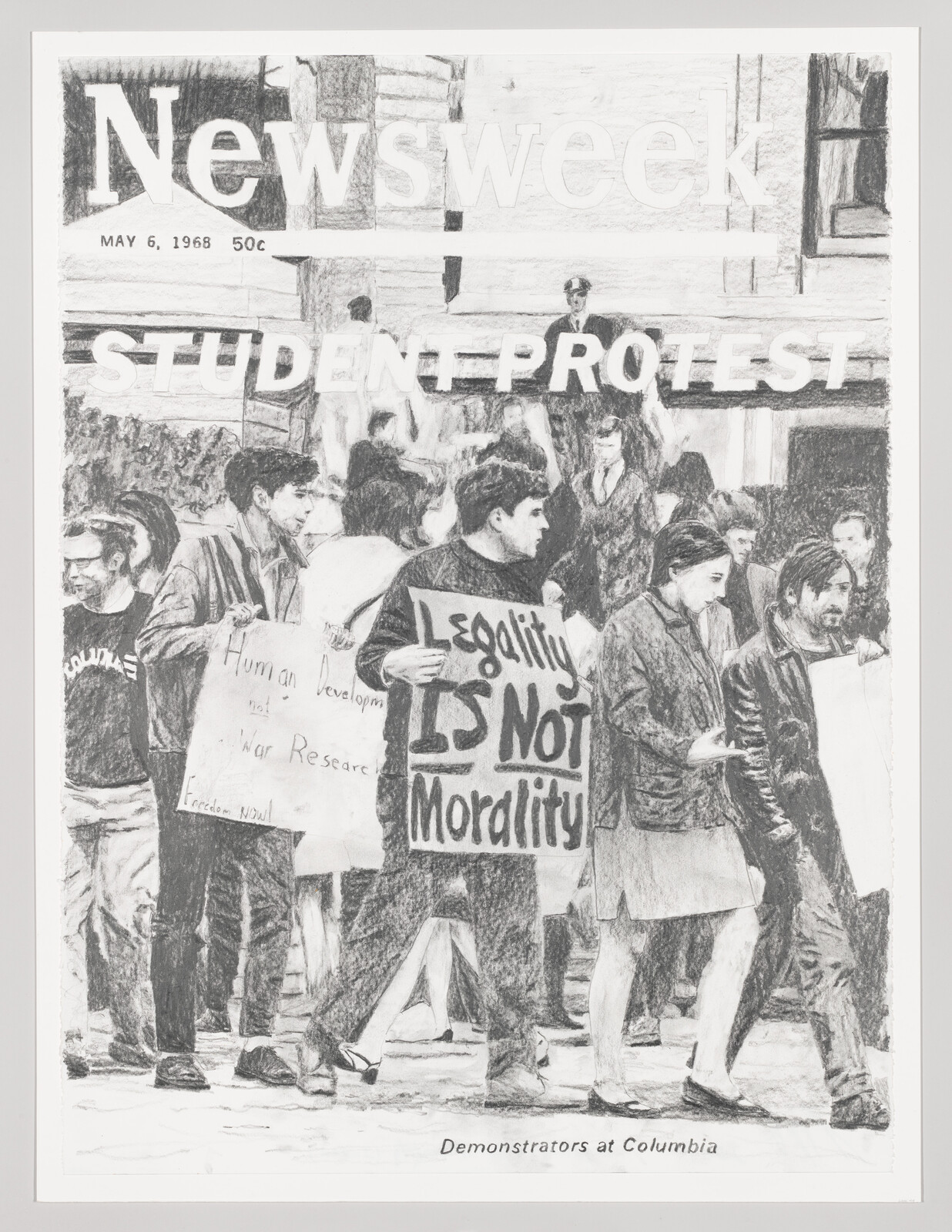 Student protesters march at Columbia holding signs, including one reading "Legality is not morality."
