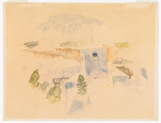 A light watercolor sketch shows a village with a blue tower, scattered houses, and trees.