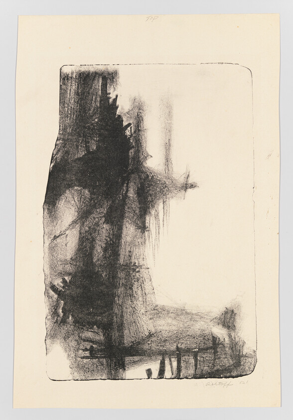Dark vertical charcoal smudge suggests trees and shoreline with small figures near the bottom edge.
