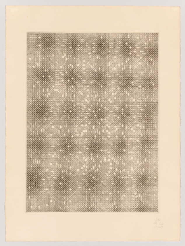 A detailed artwork featuring a dense, grid-like pattern of small, interconnected lines with numerous white dots of varying sizes creating a sense of depth on a beige paper background. The piece has a rough, torn paper edge and is signed in the bottom right corner.