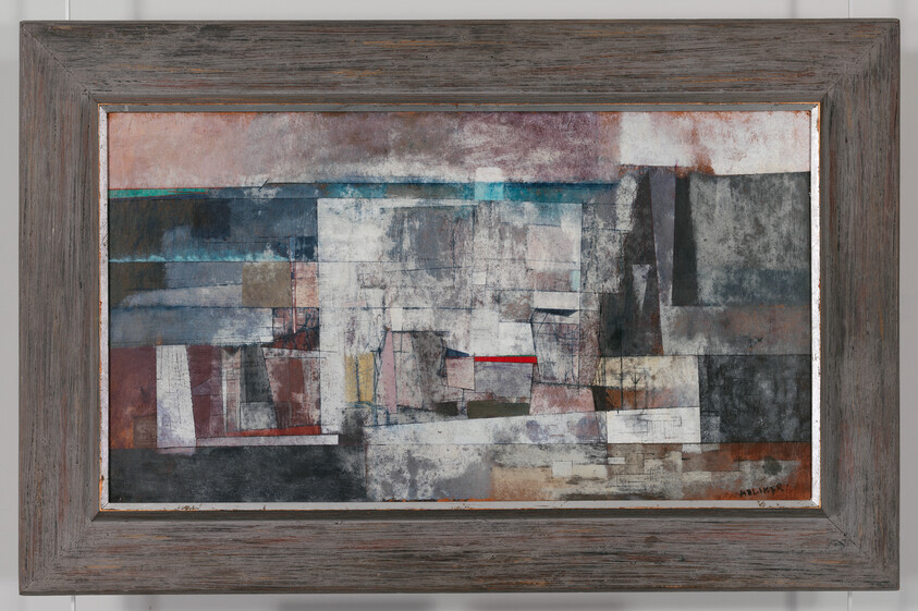 Abstract geometric painting with layered textured blocks in muted grays, blues, and ochres framed in weathered wood.