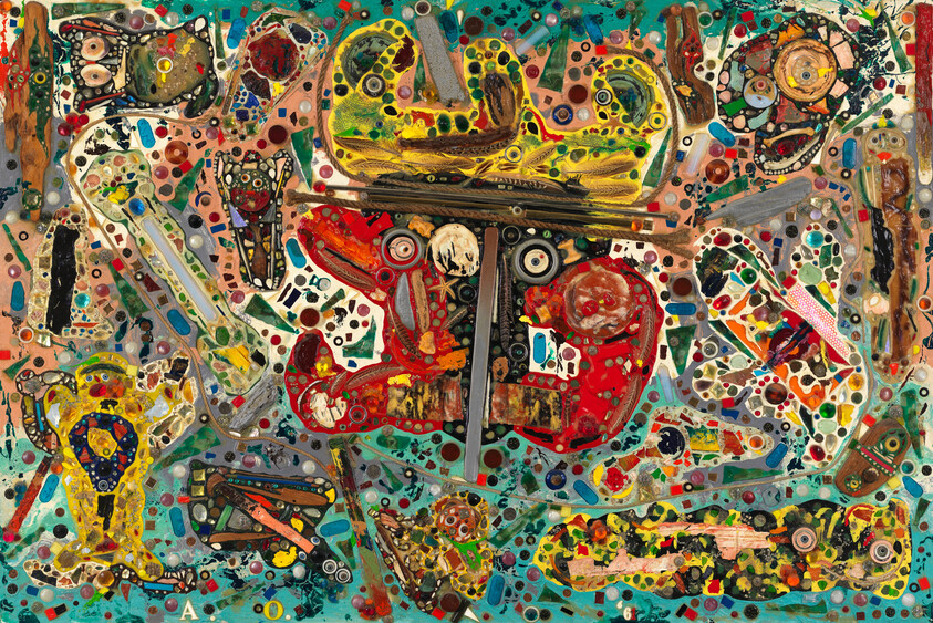 A colorful abstract collage depicting a whimsical face wearing a yellow hat amid scattered found objects.