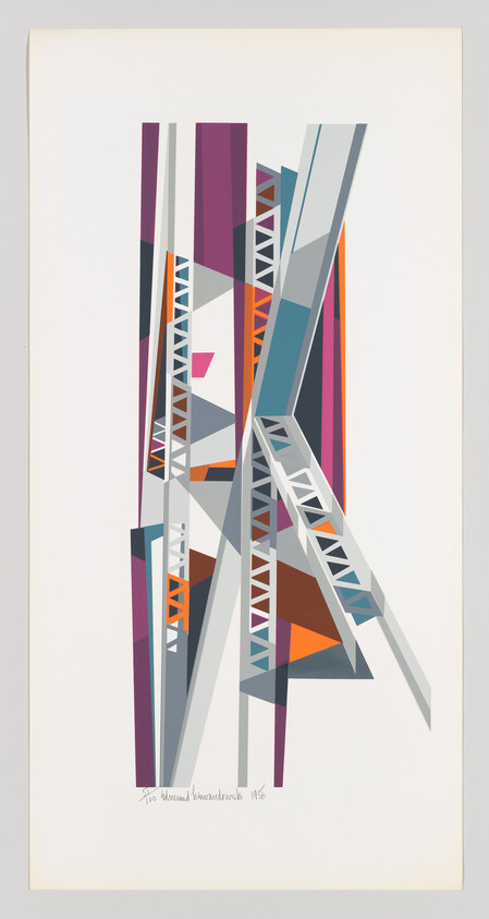 Abstract vertical geometric columns with triangular lattice patterns in purple, teal, gray, and orange.