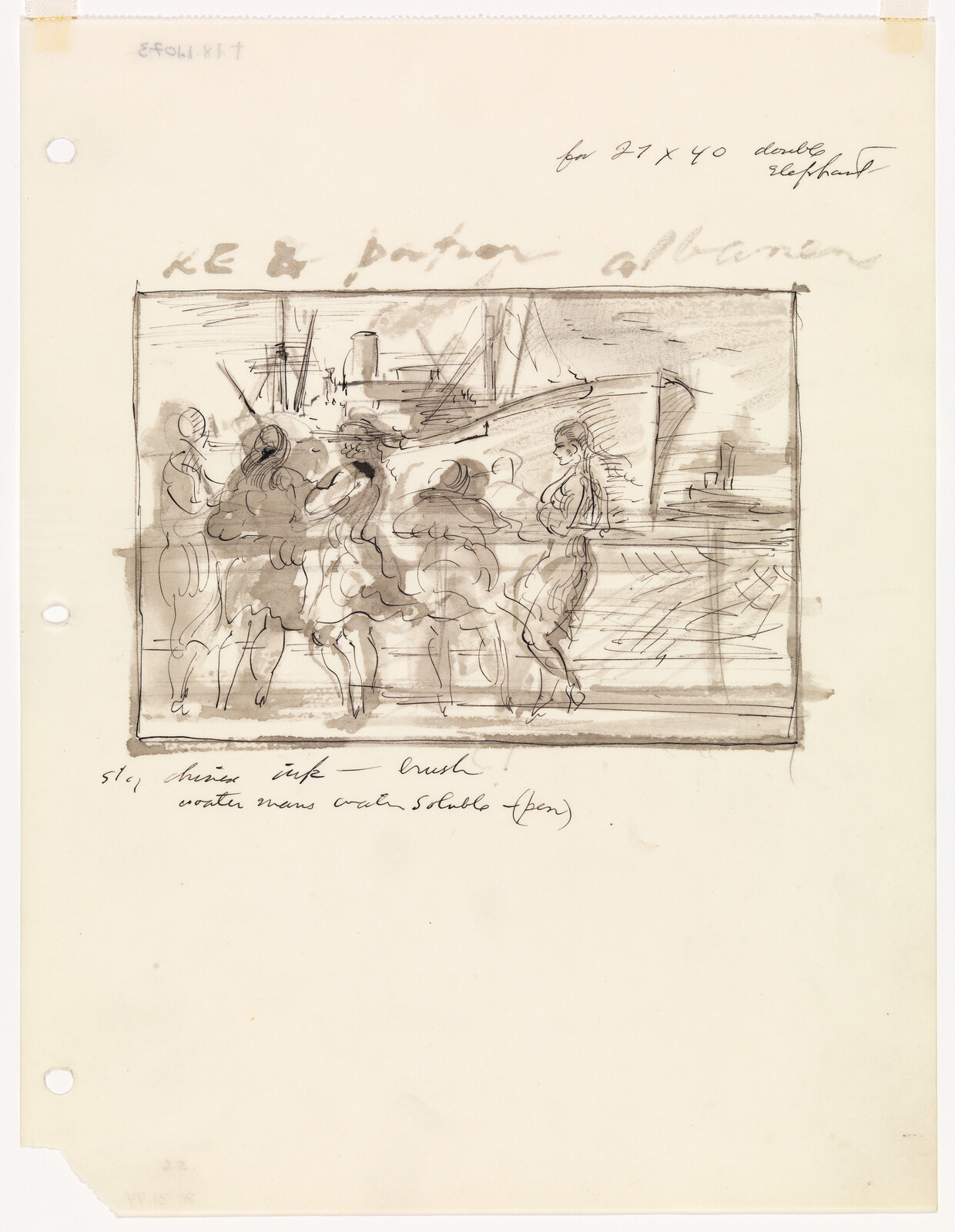 A loose ink sketch shows women dancing on a dock with ships and handwritten notes.