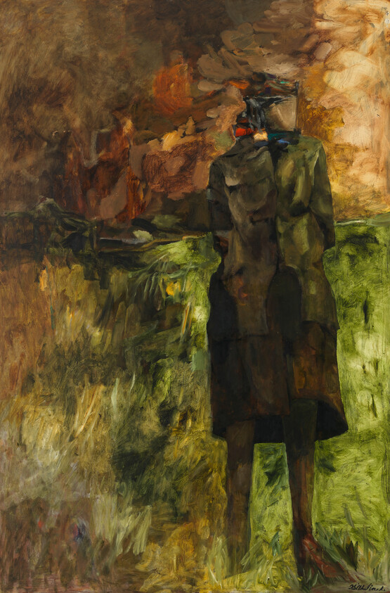 A lone figure in a dark coat and hat stands on grassy land facing a fiery sky.
