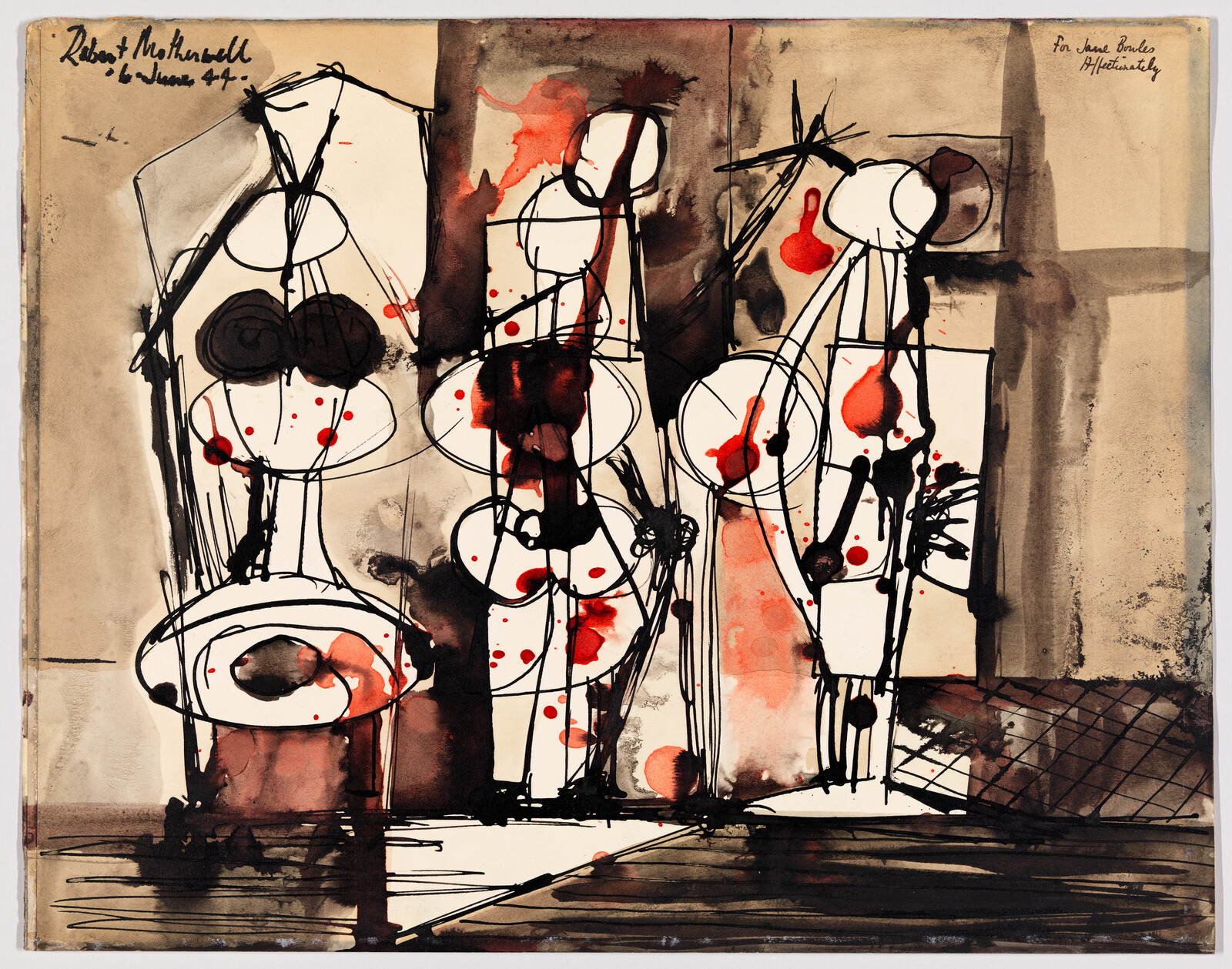 Three abstract standing figures with black outlines and red ink splatters on a beige background.