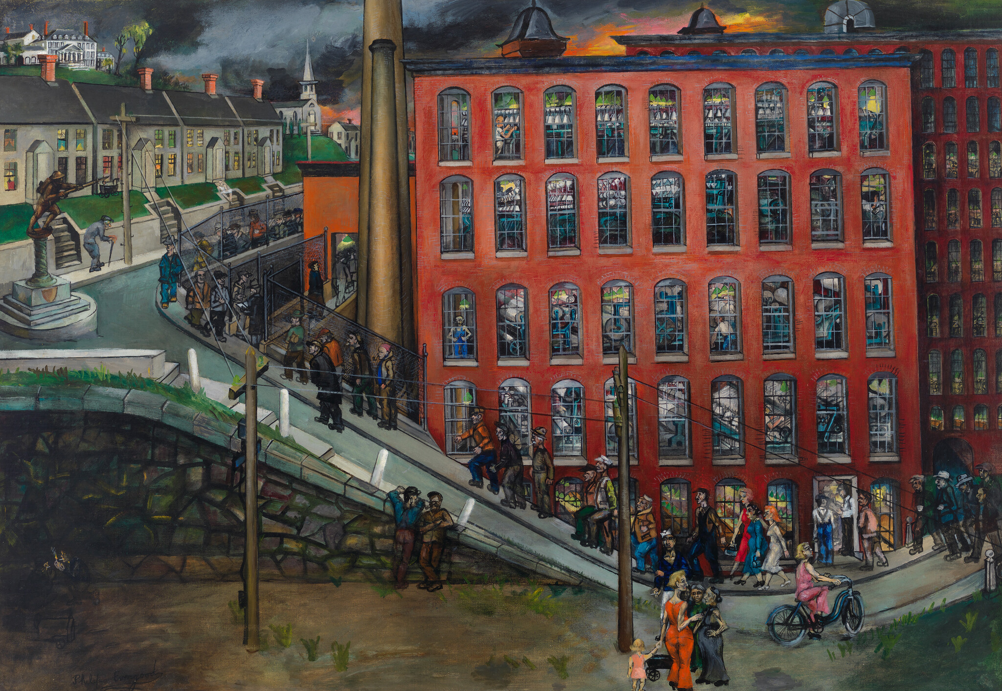 Workers file past a red brick factory with many lit windows while townspeople walk and cycle.