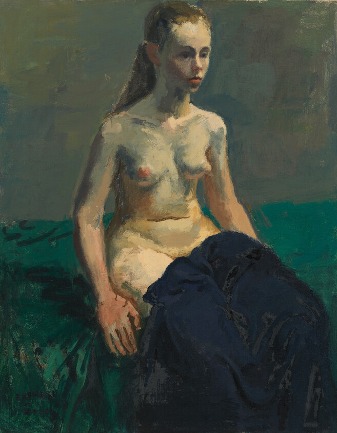 A seated nude woman with long hair sits on a green surface holding dark cloth.