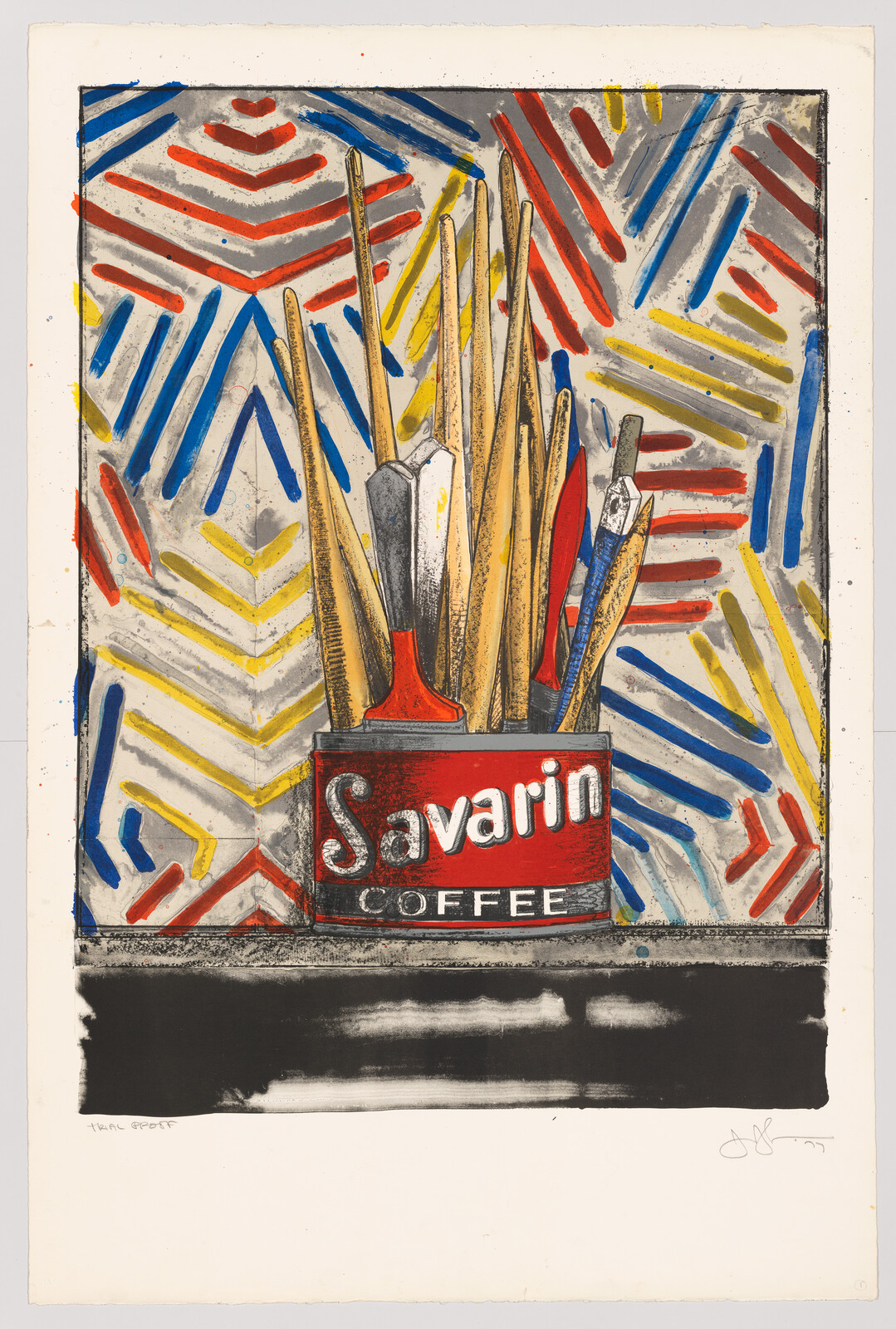 A colorful artwork depicting a can of Savarin Coffee with paintbrushes sticking out of it. The background features an abstract pattern of red, blue, and yellow lines, while the foreground shows a bold black stripe beneath the coffee can. The artist's signature is visible in the lower right corner.