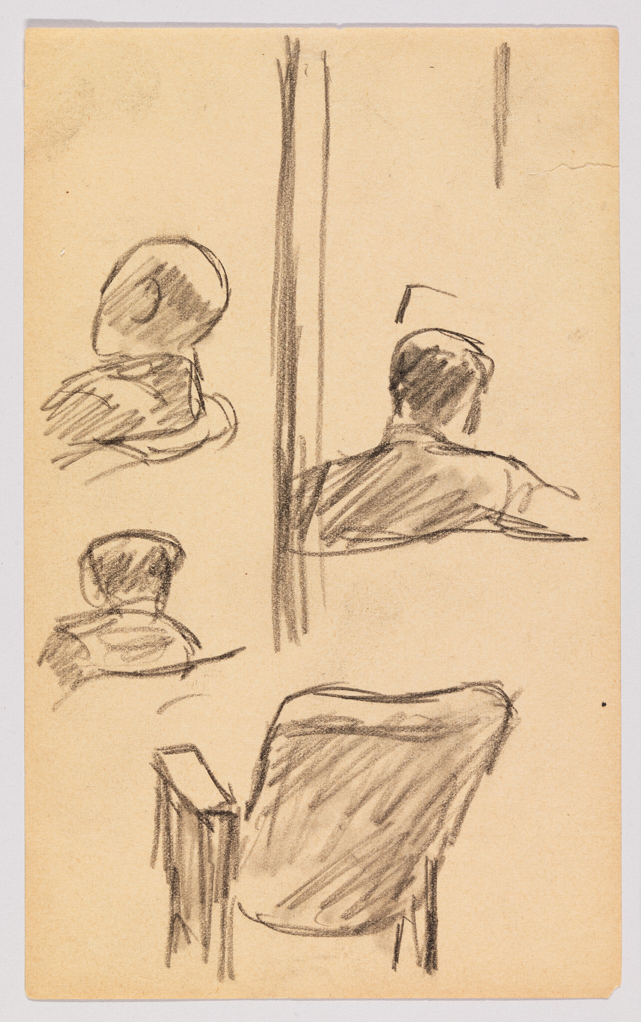Sketches of a person from various angles and a chair on a tan piece of paper. The drawings are done with a charcoal or pencil, capturing the figure in different poses, including a side view, a back view with a raised arm, and a partial front view. The chair is depicted empty from a side perspective. The lines are loose and gestural, suggesting the artist's focus on form and posture.