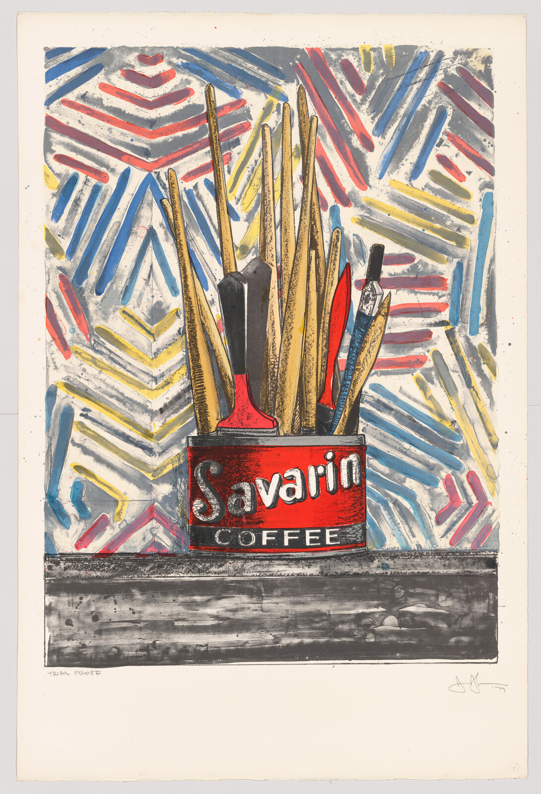 A colorful artwork depicting a red, black, and white Savarin Coffee can filled with paintbrushes and artist tools, set against an abstract background with a pattern of multicolored diagonal lines. The bottom of the image includes the text "trial proof" and a signature on the right.