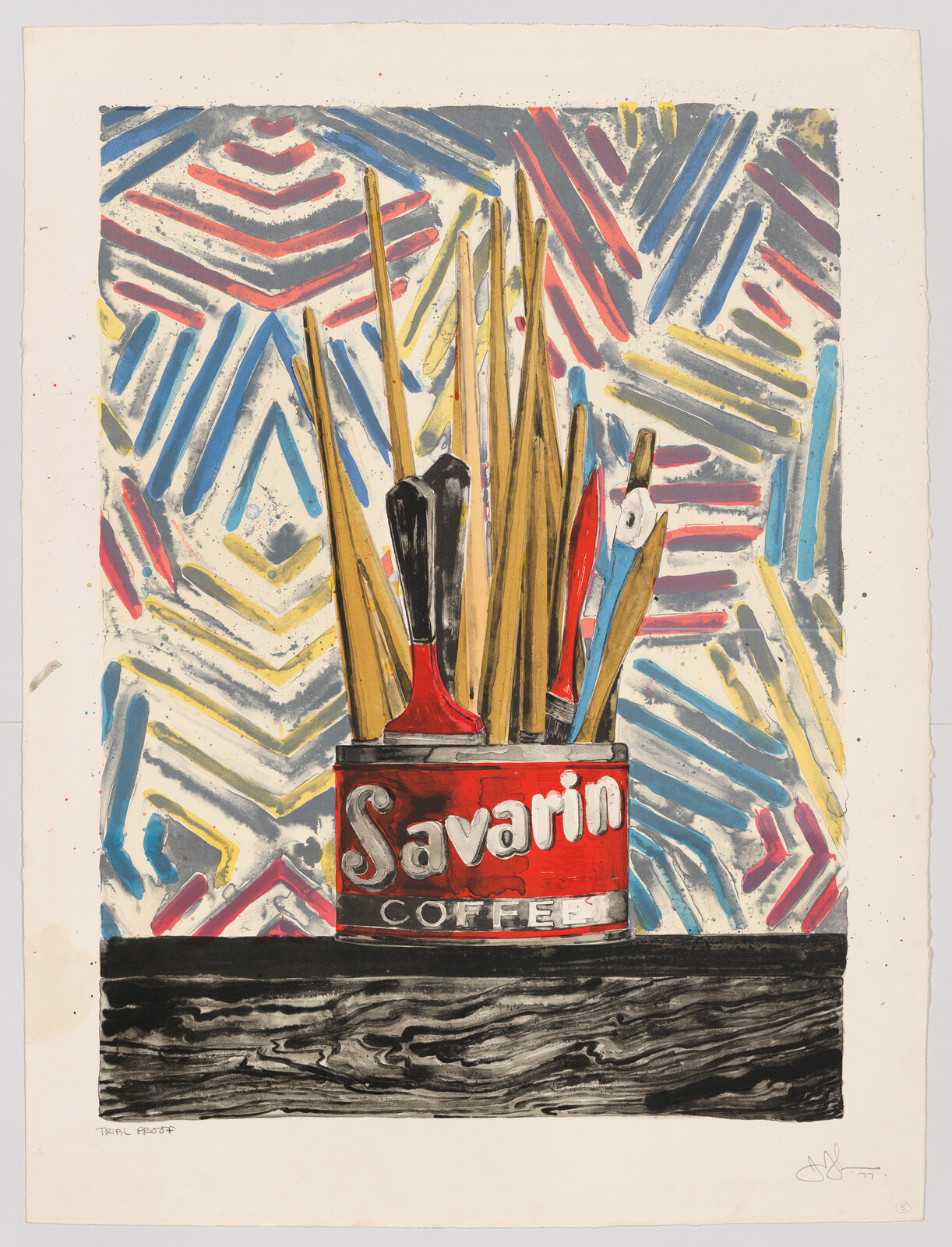 A colorful artwork depicting a variety of paintbrushes and art tools arranged in a red Savarin Coffee can. The background features an abstract pattern of zigzagging lines in blue, red, yellow, and white. The piece has a rough, textured appearance and is signed in the bottom right corner.