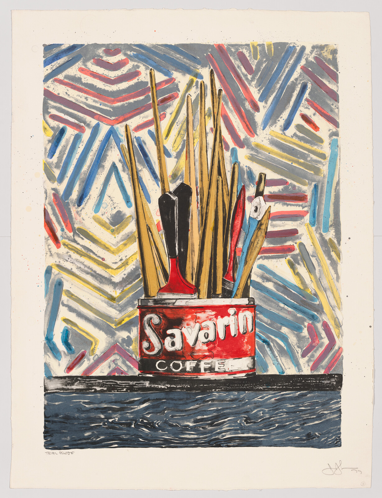 A colorful artwork depicting a variety of paintbrushes and art tools protruding from a red and white Savarin Coffee can. The background features an abstract pattern of zigzagging lines in multiple colors, and the can rests on a dark, textured surface that resembles a body of water. The artist's signature is visible in the bottom right corner.