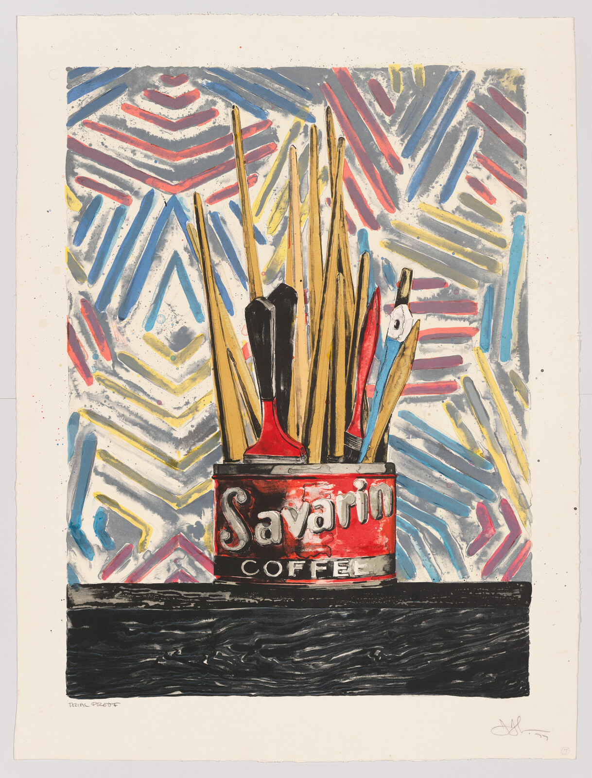 A colorful print featuring a vintage Savarin Coffee can filled with an assortment of paintbrushes against an abstract background with a pattern of blue, red, and yellow brushstrokes. The can sits on a dark, textured surface, and the image includes the artist's signature in the lower right corner.