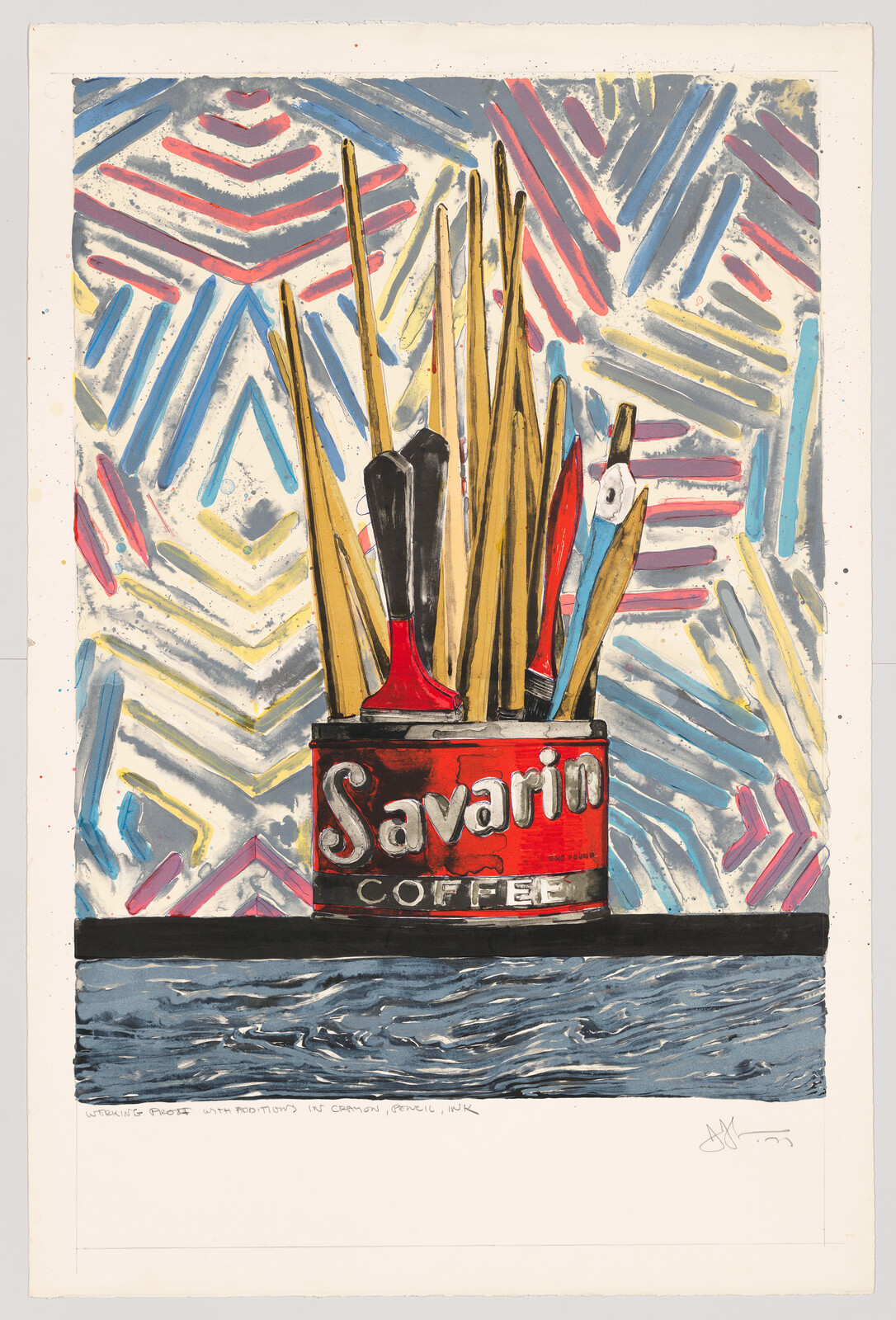 A red Savarin coffee can holds paintbrushes and tools, set against a colorful, zigzag patterned background.