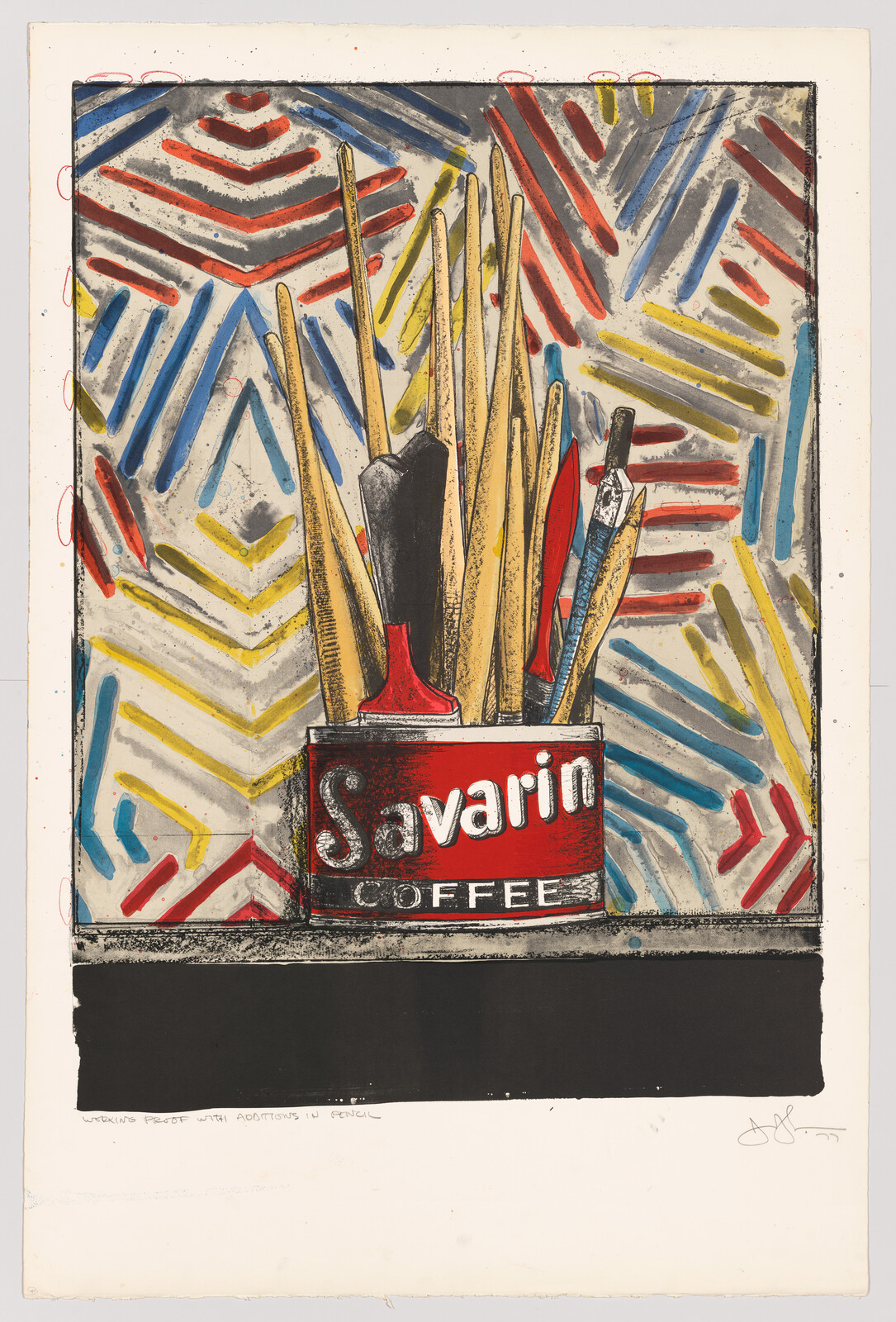 A colorful lithograph featuring a can of Savarin Coffee repurposed as a holder for various paintbrushes and art tools. The background consists of abstract geometric shapes in red, blue, and gray hues. The bottom of the image includes handwritten text "WORKING PROOF WITH ADDITIONS IN PENCIL" and a signature on the right.