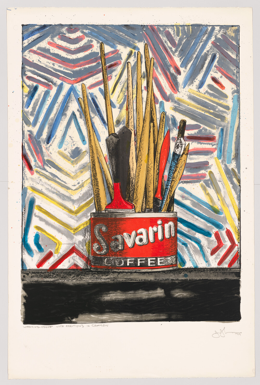 A colorful lithograph featuring a can of Savarin Coffee with an assortment of paintbrushes and artist tools protruding from the top. The background consists of abstract, geometric patterns with a predominance of blue, red, and white hues. The bottom of the image includes the text "working proof with additions in crayon" and a signature on the right.