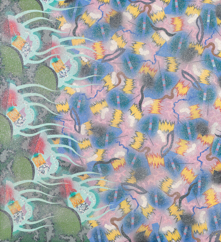 Colorful abstract pattern with repeating brushlike shapes, flowing teal ribbons, and soft pastel clouds.