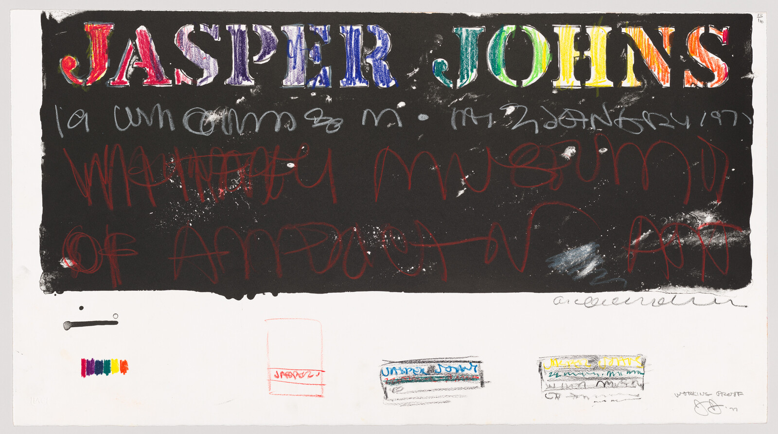 A mixed-media artwork featuring the name "JASPER JOHNS" in colorful, stylized letters at the top against a black background, with scribbled red text and numbers below. The bottom section of the image shows a white background with various small sketches and color swatches, including a stick figure, a red square labeled "JASPER," a blue rectangle with "JASPER JOHNS" written inside, and a yellow rectangle with additional text and doodles.