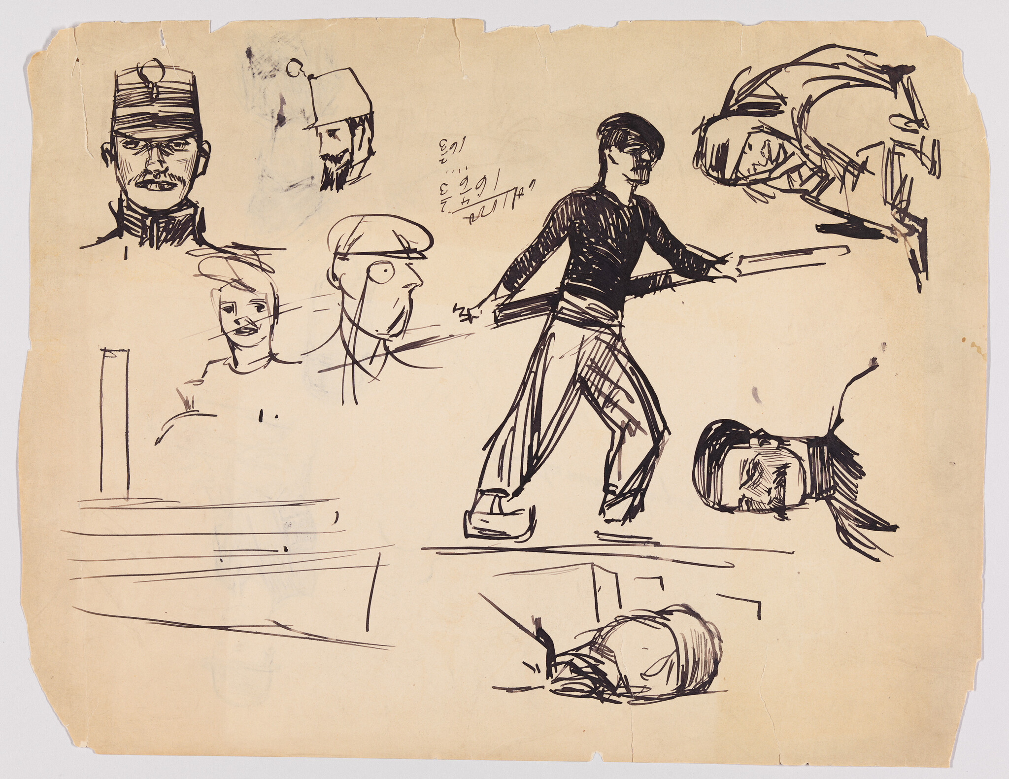 A sketch on aged paper featuring various figures and faces in black ink. The central figure is a person in a dynamic pose with a sword, surrounded by other rough sketches including faces with hats, a fish-like creature, and a person lying on the ground. The drawing has a spontaneous and expressive style, with some annotations and numbers visible.