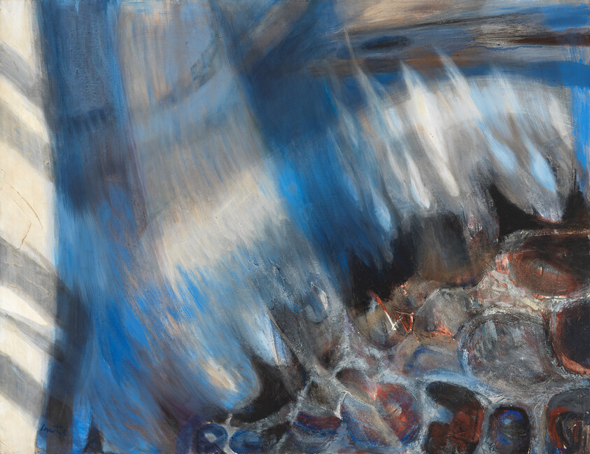 Abstract painting of sweeping blue and gray brushstrokes over textured dark shapes at the bottom.