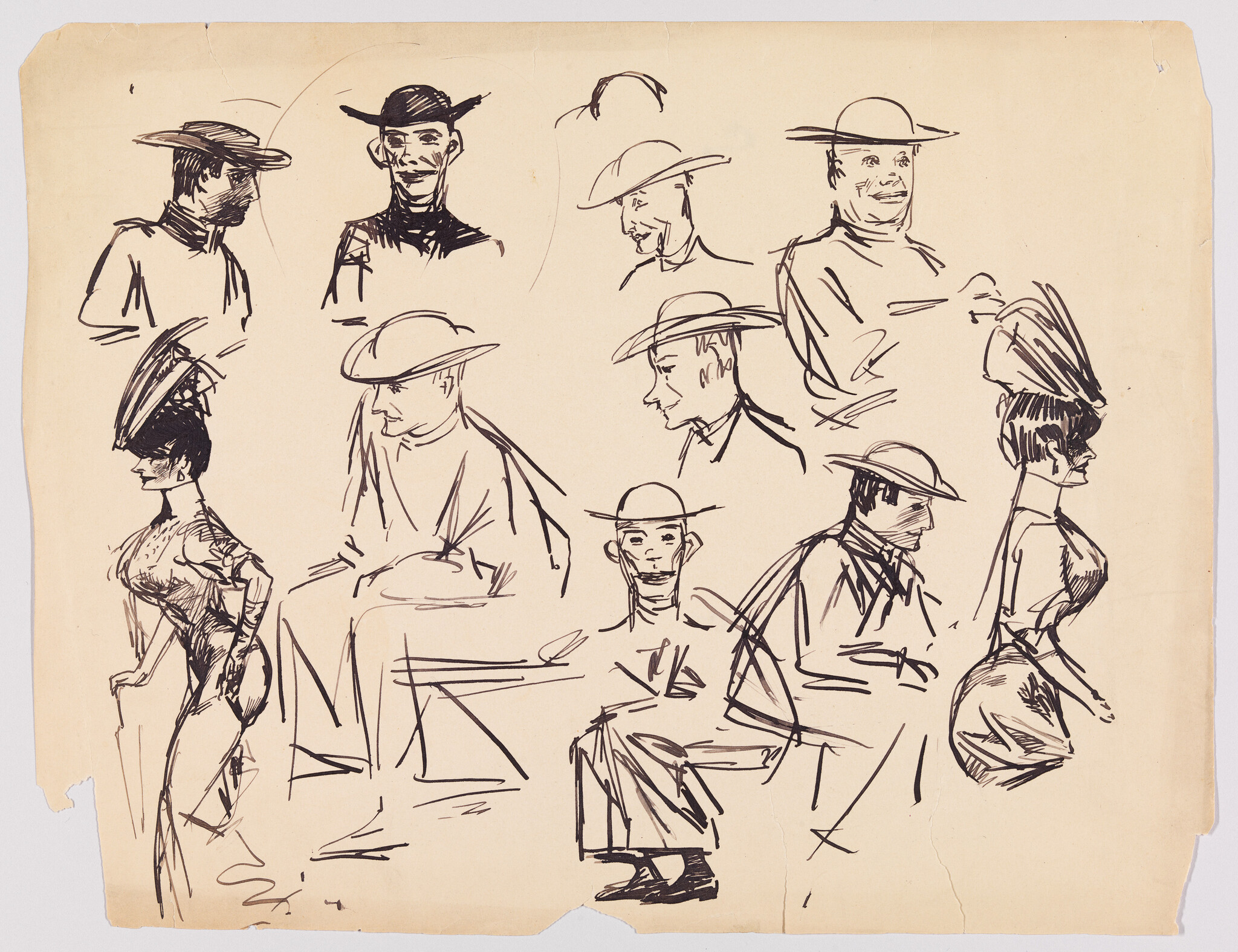 Several quick ink sketches showing men and women in hats in various poses.