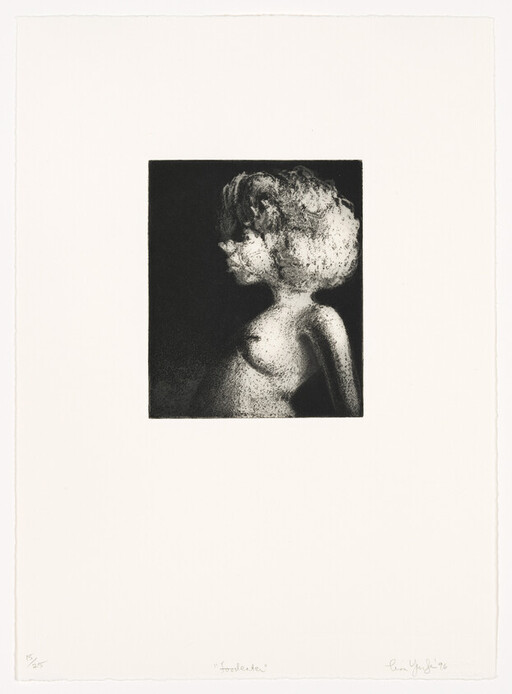 A soft black-and-white etching shows a young woman’s nude torso and head in profile.
