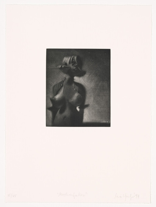 A dark, vintage-style print showing a partially abstract female torso centered on a light background.