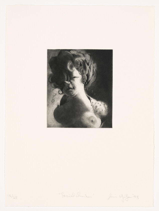 A charcoal-style portrait of a topless woman with curly hair and a tilted face.