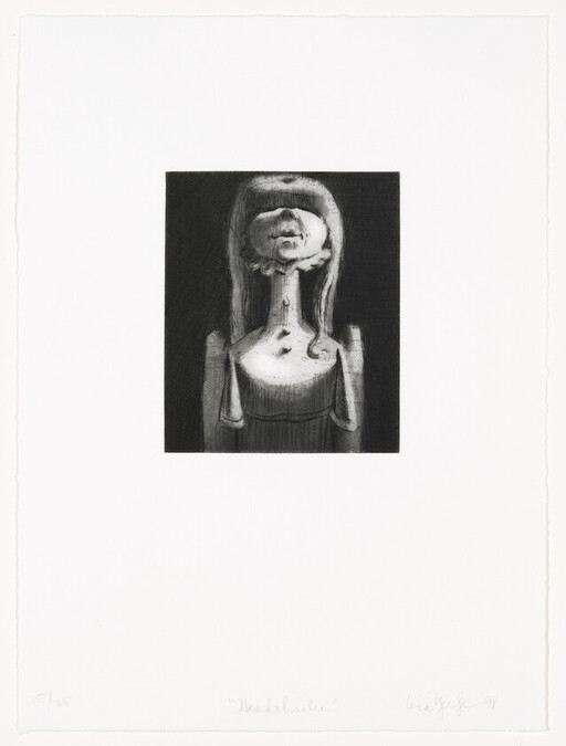 A wooden doll-like girl with bangs covering her eyes and an elongated neck with holes.