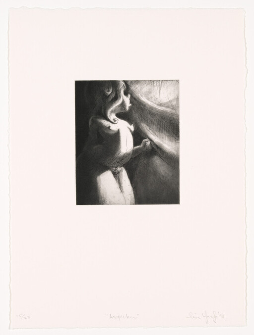 A nude woman stands by a curtain, bathed in dramatic light and deep shadow.