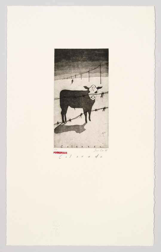 A black and white etching of a cow standing behind barbed wire with a dark sky in the background. Below the image, there is text that reads "POROPOLIS" and "colorado". The bottom left corner features an embossed seal with a face. The artwork is numbered and signed by the artist.
