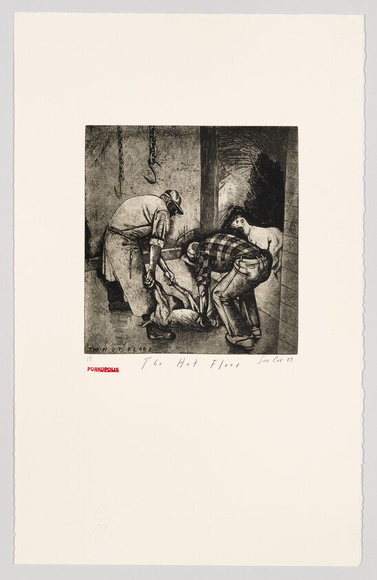 Two butchers lift a pig carcass on a tiled floor while a dog watches, titled "The Hot Floor."