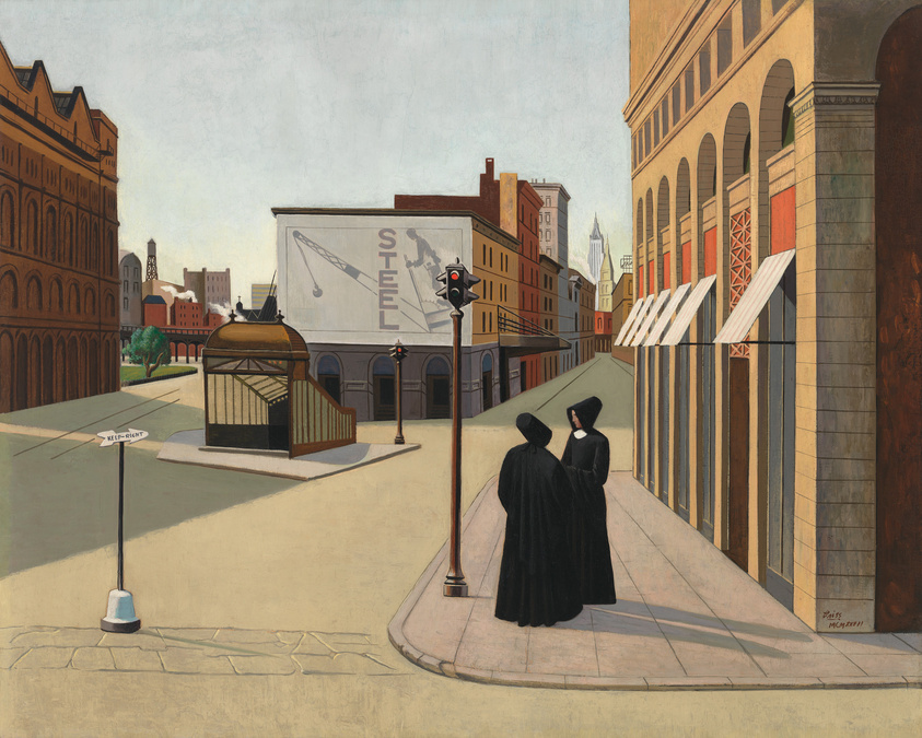 Two nuns in habits talk on a corner as the road forks around an ornate subway entrance in a surreal, deserted New York 