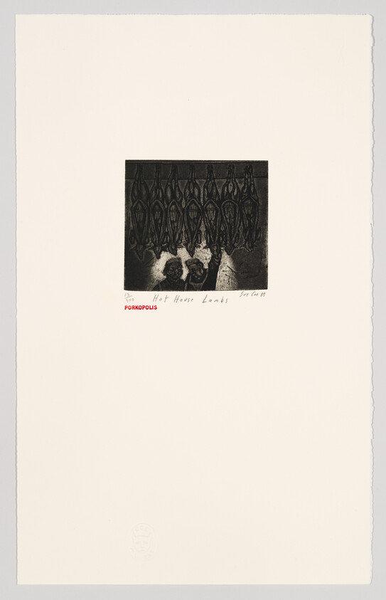 A print featuring a dark, textured upper section with a repeating pattern that resembles a fence or barrier, below which are two lighter shaded figures resembling lambs. The print has handwritten text at the bottom left that reads "13/30 Hot House Lambs Sue Coe" and the word "PORKOPOLIS" is printed in bold. There is an embossed seal near the bottom center edge of the paper.