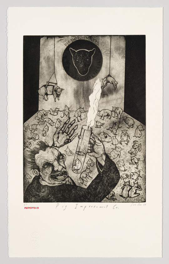 A black and white etching titled "Porkopolis" depicting a grotesque man with exaggerated features holding a test tube with a pig inside, from which smoke is rising. Above him is a banner with the text "PIG IMPROVEMENT CO" and a pig's head emblem. Suspended from the banner is a pig in a harness, and numerous pigs with numbers on them are scattered around the man's feet. The bottom left corner has the text "PORKOPOLIS" and the bottom right includes the artist's signature and the year. The paper has a rough edge on the top and a watermark on the bottom left.